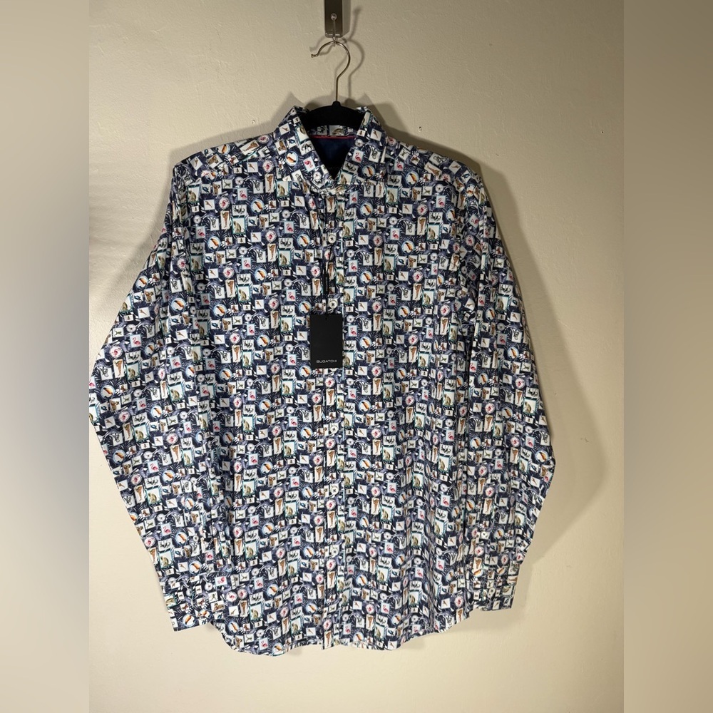 Bugatchi Men's Blue and White Graphic Shirt